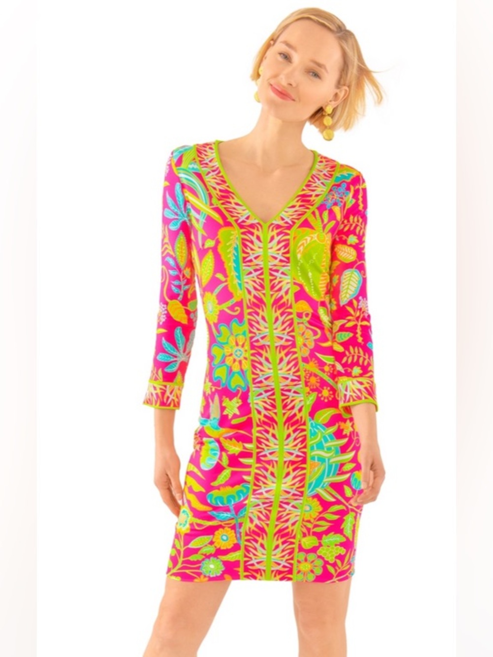 Gretchen Scott Designs Neon Floral V-Neck Shift Dress